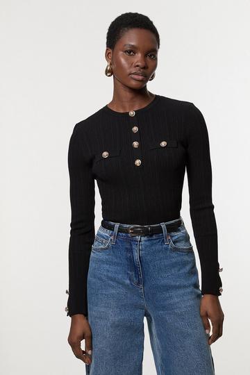 Black Military Trim Rib Long Sleeve Knit Top