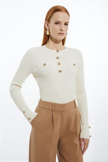 Military Trim Rib Long Sleeve Knit Top cream