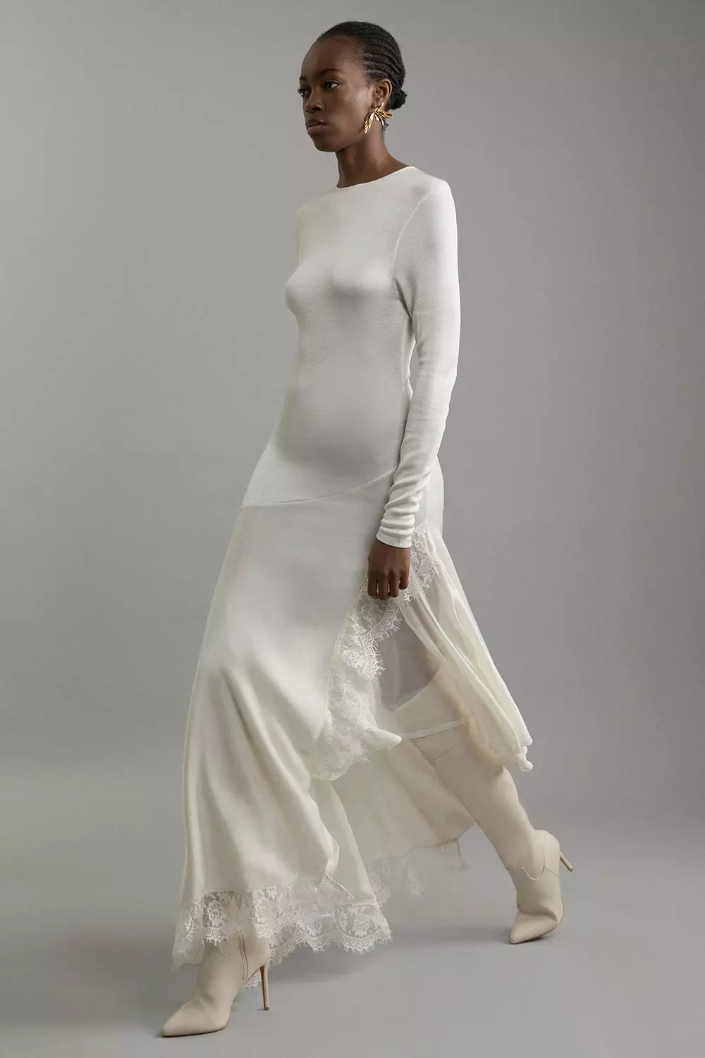 Viscose Blend Slinky Sheer Lace Detail Asymmetric Knit Midaxi Dress | Karen  Millen