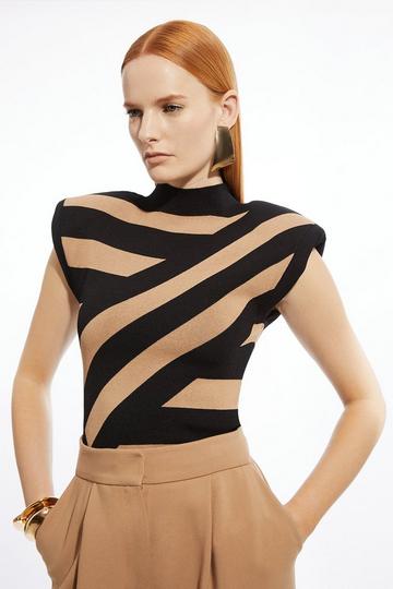 Viscose Blend Jacquard Stripe Power Shoulder Knit Top camel