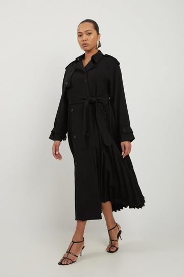 Plus Size Tailored Pleat Detail Belted Trench Coat black