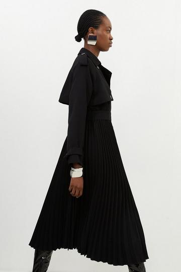 Black Petite Tailored Pleat Detail Belted Trench Coat