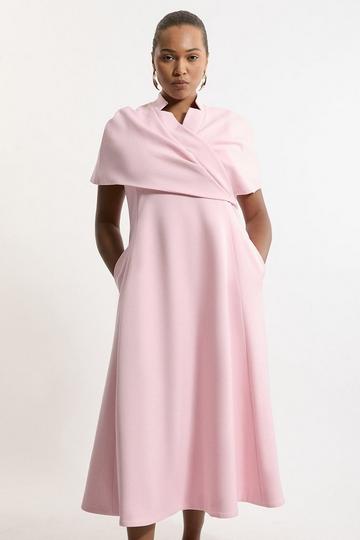 Plus Size Structured Crepe Cape Detail Full Skirted Tailored Midi Dress fuchsia