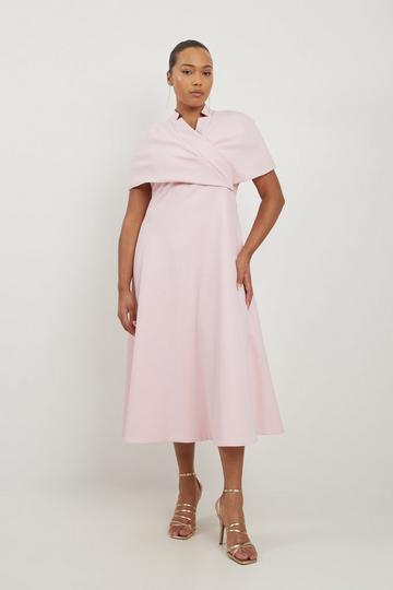 Plus Size Structured Crepe Cape Detail Full Skirted Tailored Midi Dress light pink