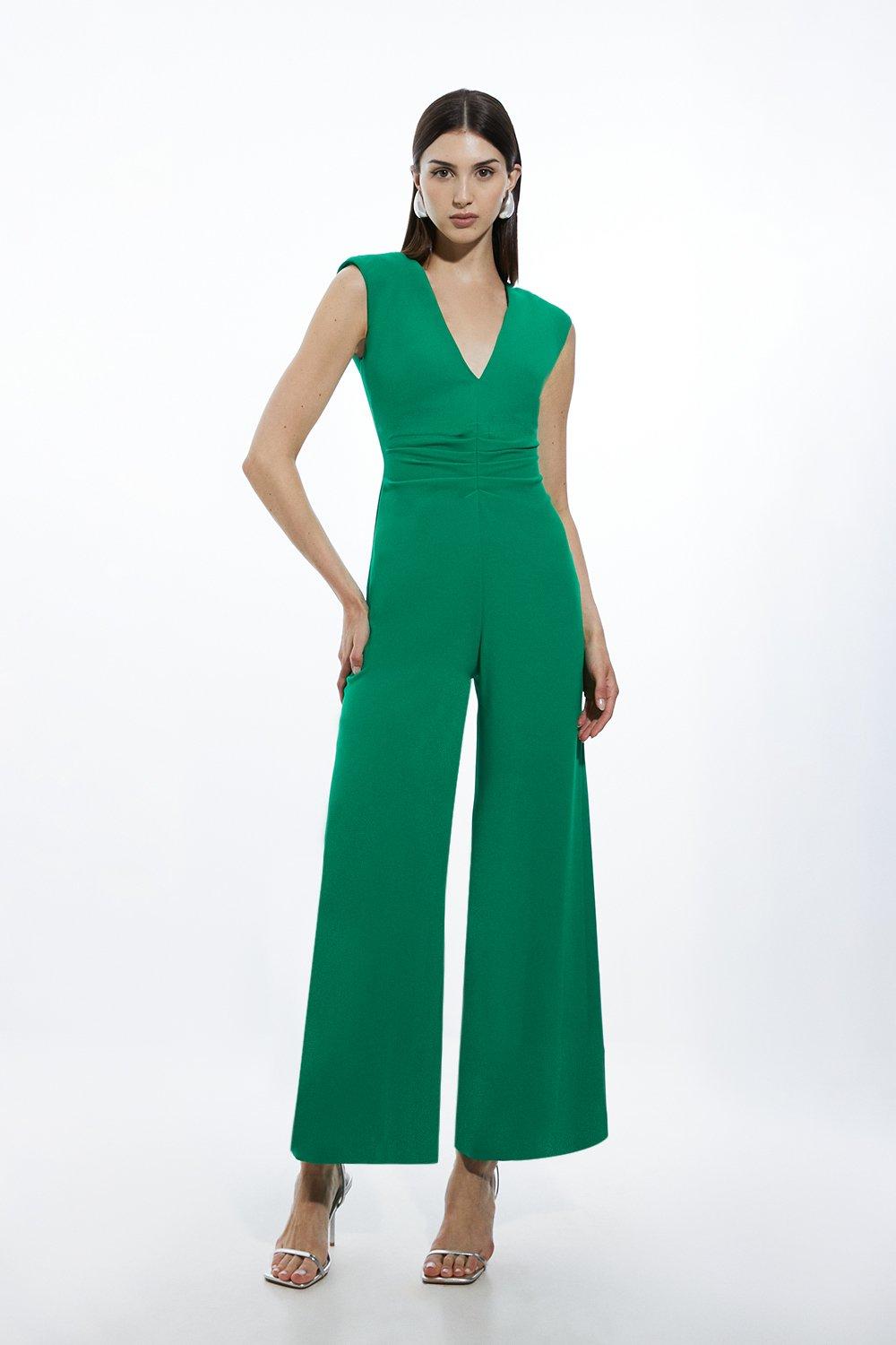 Karen Millen Womens Fluid Tailored Ruched Waist Detail Wide Leg Jumpsuit Green Size 10