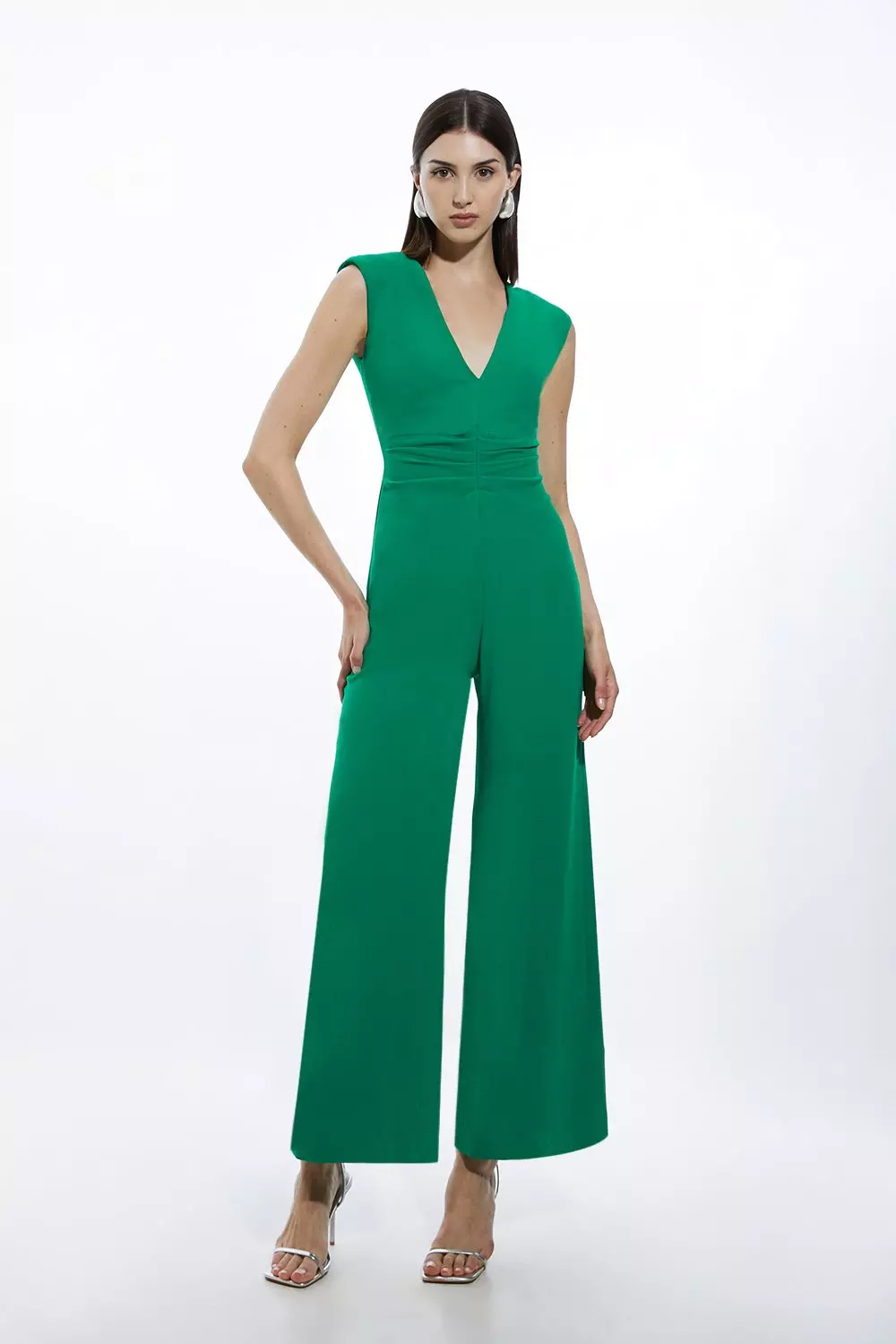 Karen Millen Womens Fluid Tailored Ruched Waist Detail Wide Leg Jumpsuit Green Size 2