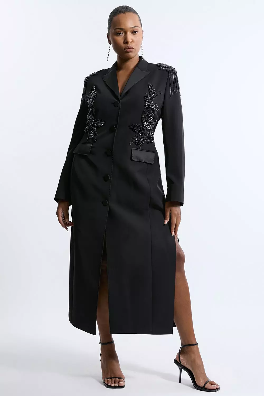Karen Millen Womens Plus Size Crystal Embellished Tailored Tuxedo Blazer Midaxi Dress Black Size 14