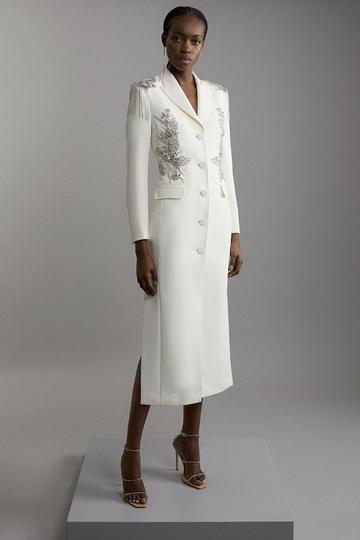 Crystal Embellished Tailored Tuxedo Blazer Midaxi Dress ivory