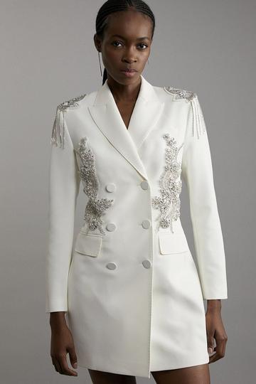 Crystal Embellished Tailored Tuxedo Blazer Mini Dress ivory