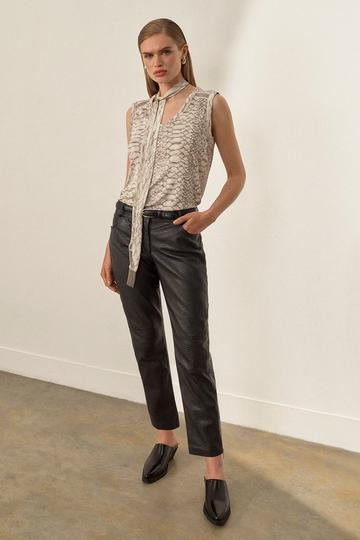 The Founder Snake Print Leather Slim Leg Low Rise Trousers