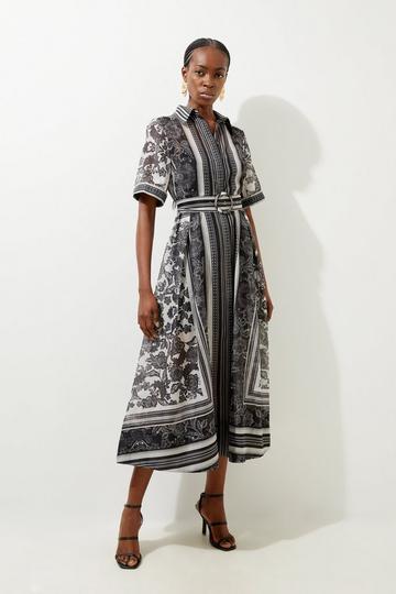 Tile Print Organdie Midaxi Shirt Dress mono