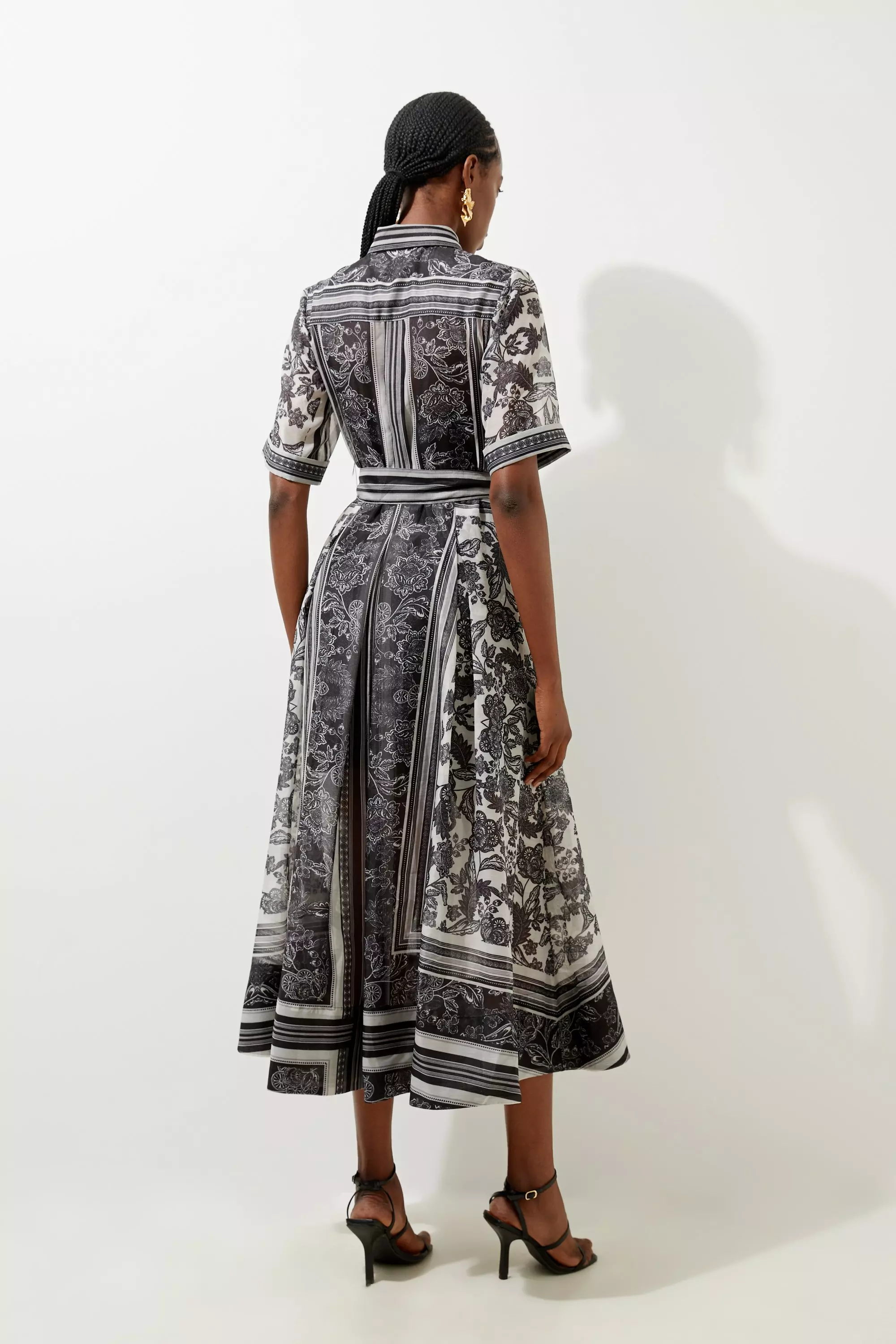 【Karen Millen】コットントップステッチ織りミディシャツドレス Rose Embroidered Cotton Twill Woven Shirt Dress With Eyelets