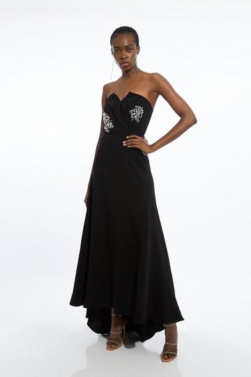 Black Crystal Embellished Bandeau Tailored Contrast Maxi Dress