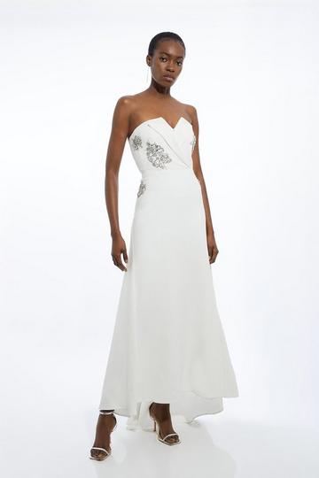 Crystal Embellished Bandeau Tailored Contrast Maxi Dress ivory