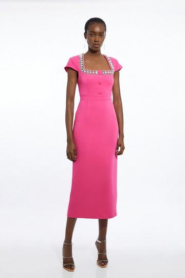 Petite Tailored Compact Viscose Stretch Embellished Cap Sleeve Midi Dress pink