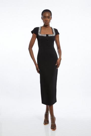 Black Tailored Compact Viscose Stretch Embellished Cap Sleeve Midi Dress