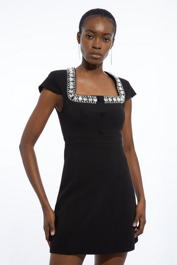 Black Tailored Compact Viscose Stretch Embellished Cap Sleeve Mini Dress