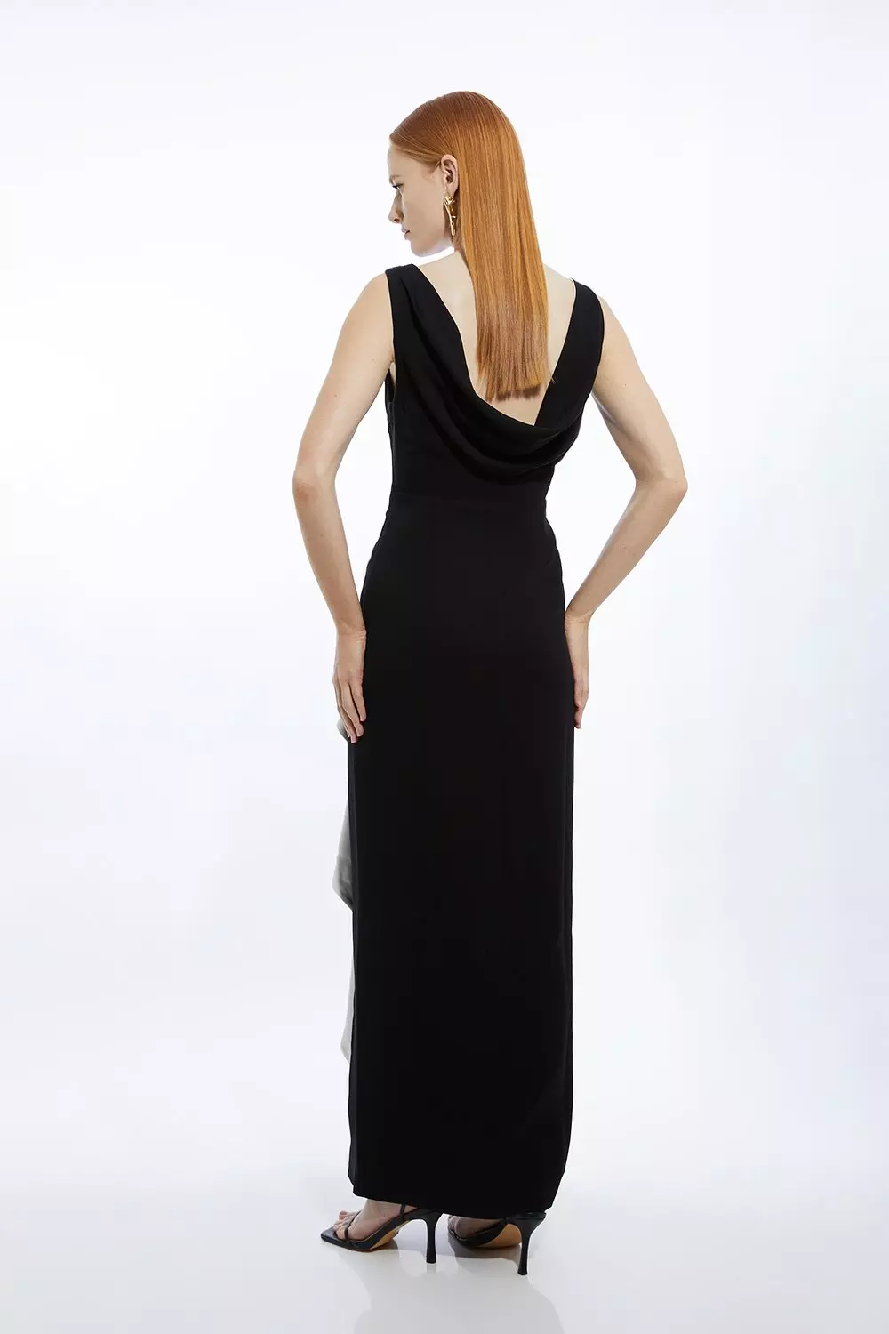 Diamante Embellished Trim Drape Cowl Back Maxi Tailored