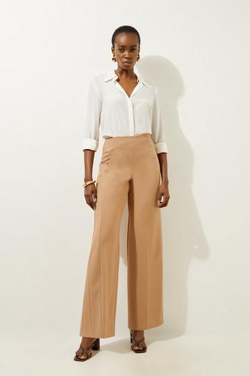 Camel Beige Compact Stretch Tailored High Waist Wide Leg Trousers