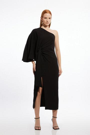 Black Compact Stretch Viscose Drape Sleeve One Shoulder Tailored Maxi Dress