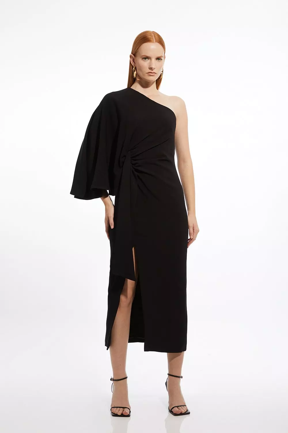 Compact Stretch Viscose Drape Sleeve One Shoulder Tailored Maxi Dress Karen Millen