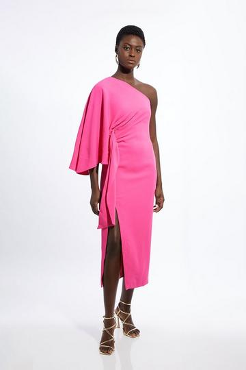 Pink Compact Stretch Viscose Drape Sleeve One Shoulder Tailored Maxi Dress