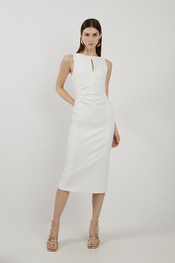 Compact Stretch Keyhole Neck Tailored Midi Dress ivory