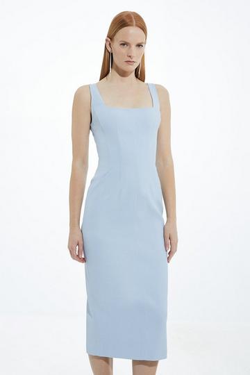 Blue Viscose Tencel Tailored Square Neck Pencil Midaxi Dress