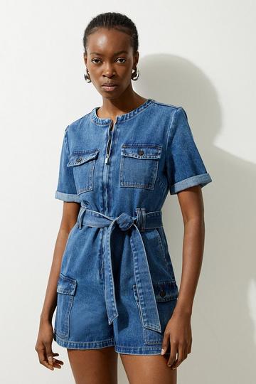 Blue Denim Cargo Pocket Belted Romper