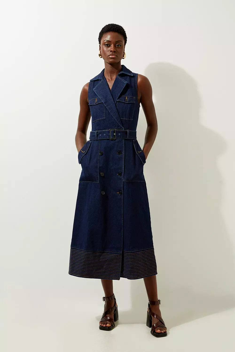 Denim Cargo Pocket Belted Sleeveless Shirt Wrap Dress alternative image