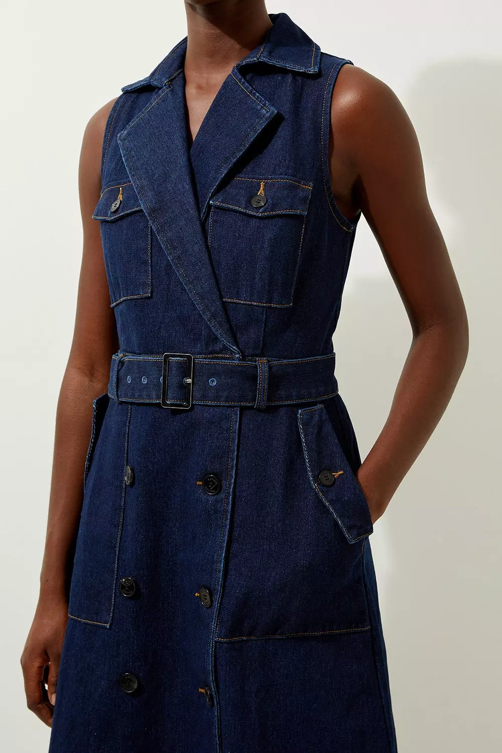 Denim Cargo Pocket Belted Sleeveless Shirt Wrap Dress alternative image