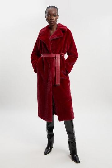 Faux Fur Longline Coat burgundy