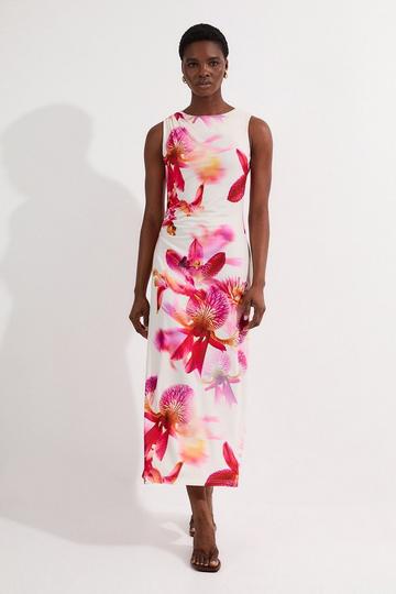 Abstract Floral Printed Jersey Crepe Midi Dress multi