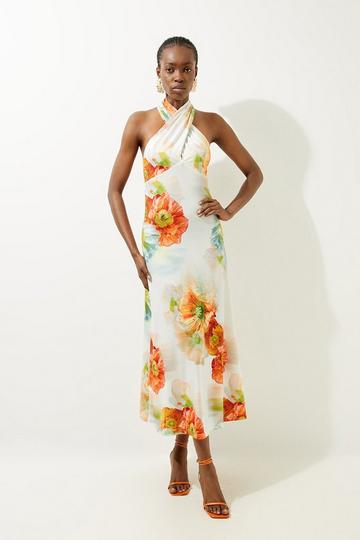 Petite Abstract Floral Printed Jersey Crepe Twist Neckline Maxi Dress floral