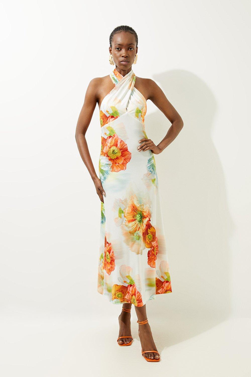 Abstract Floral Printed Jersey Crepe Twist Neckline Maxi Dress