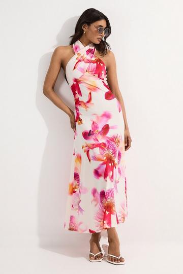 Abstract Floral Printed Jersey Crepe Twist Neckline Maxi Dress multi