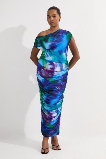 Purple Plus Size Printed Mesh Jersey One Shoulder Midi Dress