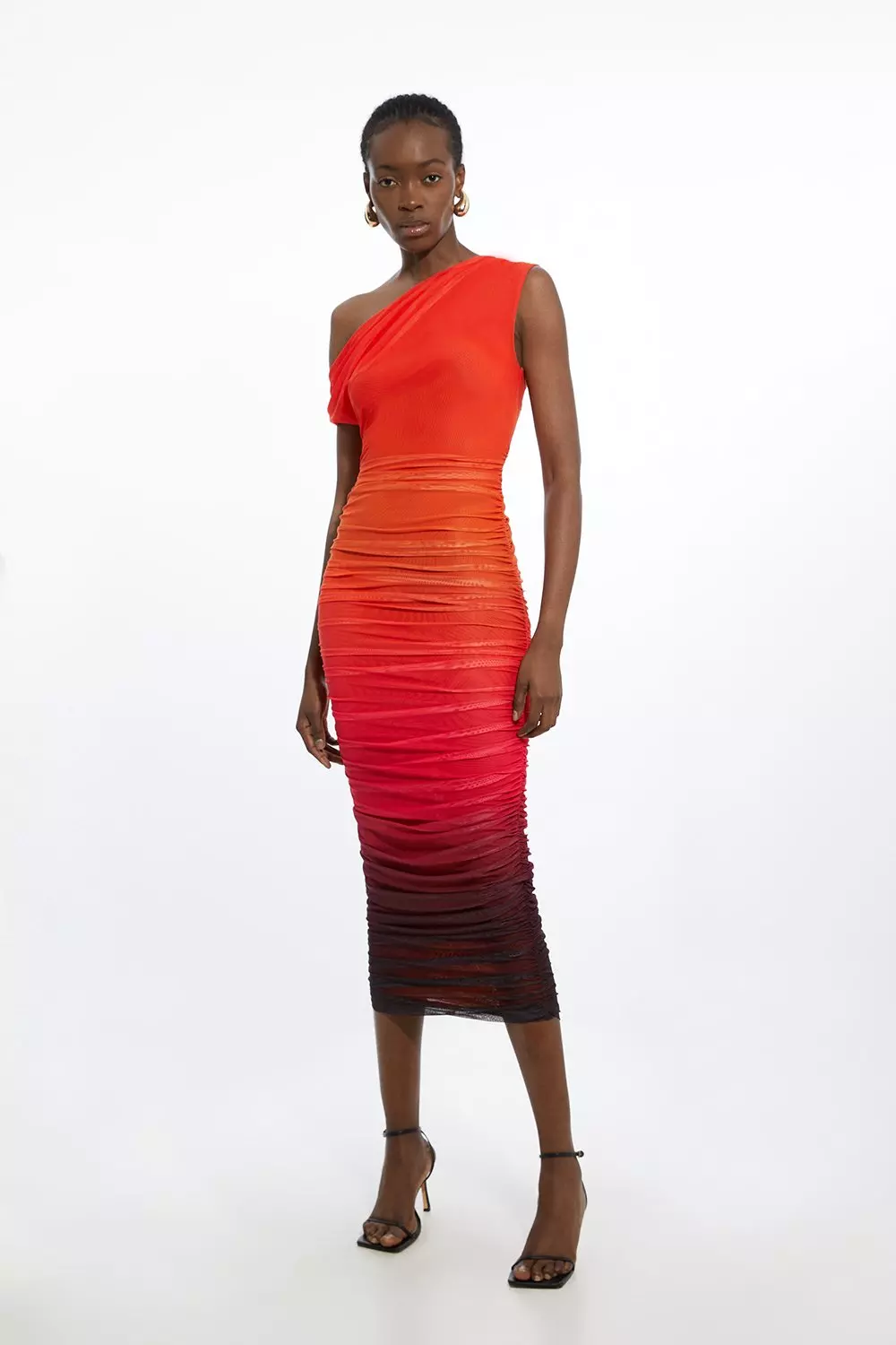 Sunset Printed Mesh Jersey One Shoulder Midi Dress Karen Millen