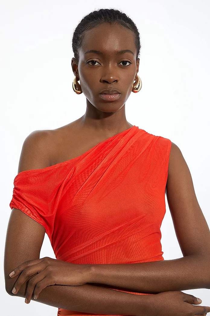 Sunset Printed Mesh Jersey One Shoulder Midi Dress | Karen Sunset Printed Mesh Jersey One Shoulder Midi Dress | Karen