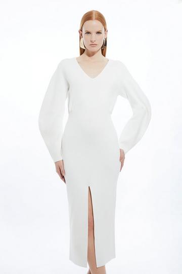 Compact Wool Look V Neck Round Sleeve Knit Midi Dress ivory