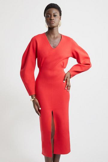 Red Compact Wool Look V Neck Round Sleeve Knit Midi Dress