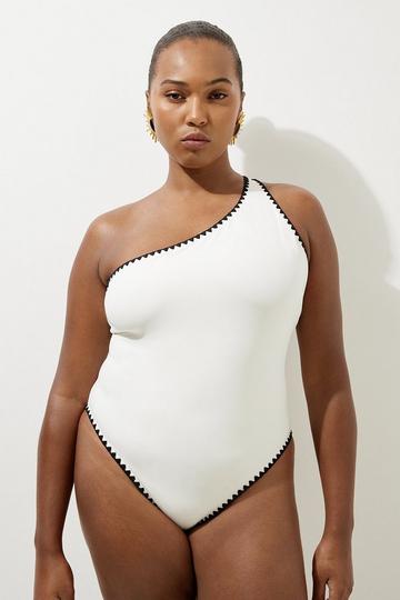 Plus Size Contrast Stitch One Shoulder Swimsuit cream