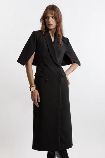 Clean Tailored Tuxedo Cape Sleeve Midi Blazer Dress black