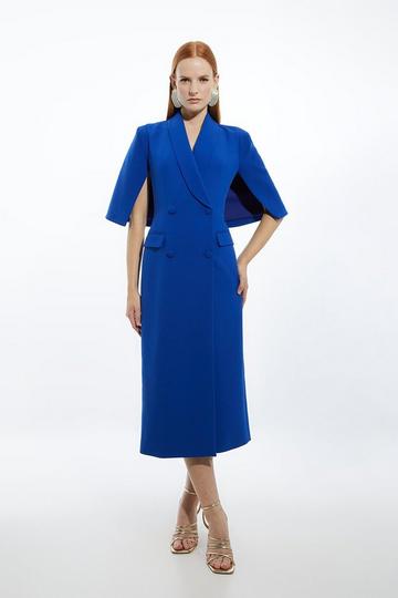 Cobalt Blue Clean Tailored Tuxedo Cape Sleeve Midi Blazer Dress