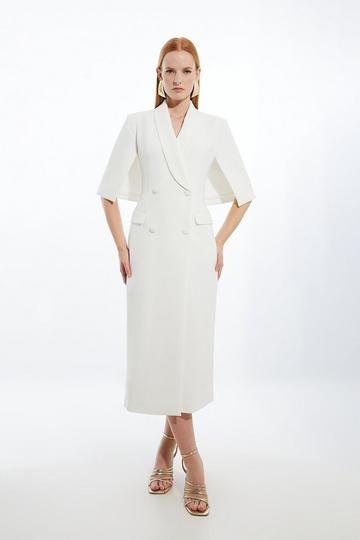 Clean Tailored Tuxedo Cape Sleeve Midi Blazer Dress ivory