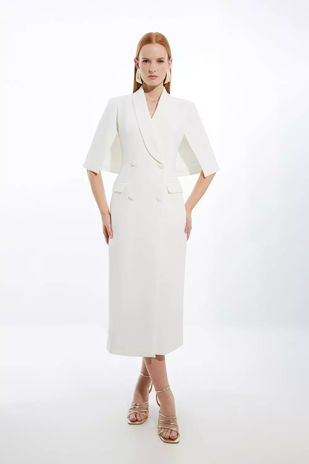 Clean Tailored Tuxedo Cape Sleeve Midi Blazer Dress | Karen