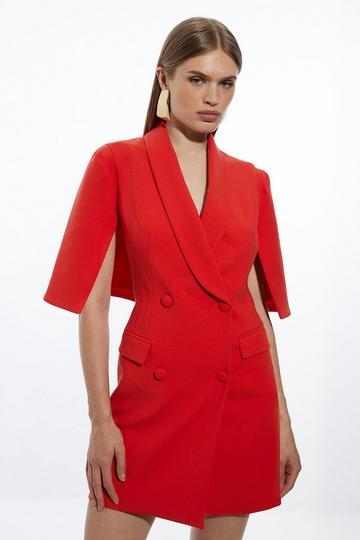 Red Compact Stretch Tailored Tuxedo Cape Sleeve Mini Blazer Dress