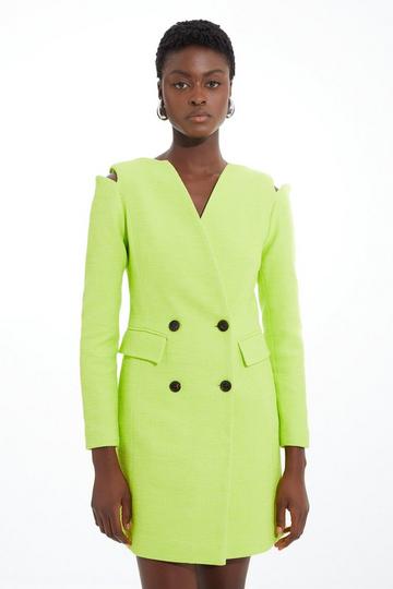 Boucle Cut Out Shoulder Tailored Double Breasted Blazer Mini Dress lime