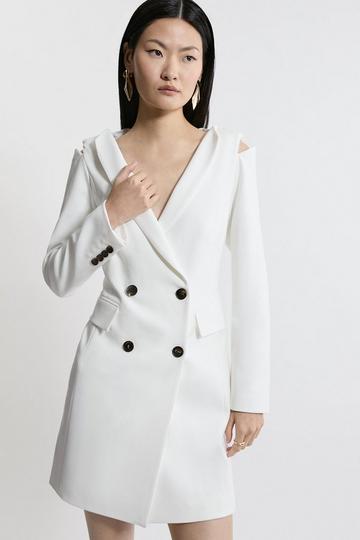 Compact Stretch Cut Out Shoulder Tailored Double Breasted Blazer Mini Dress ivory