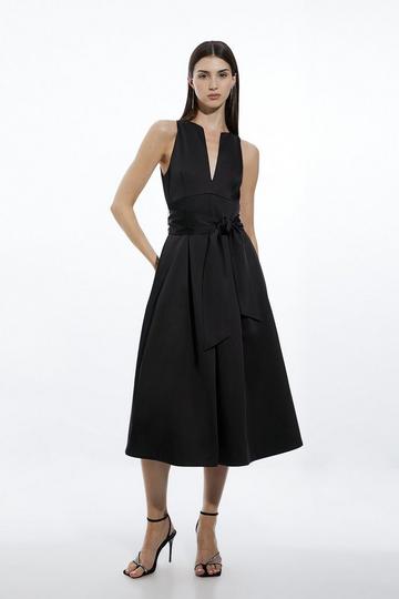 Black Tailored Satin Bow Detail Full Skirted Midaxi Dress